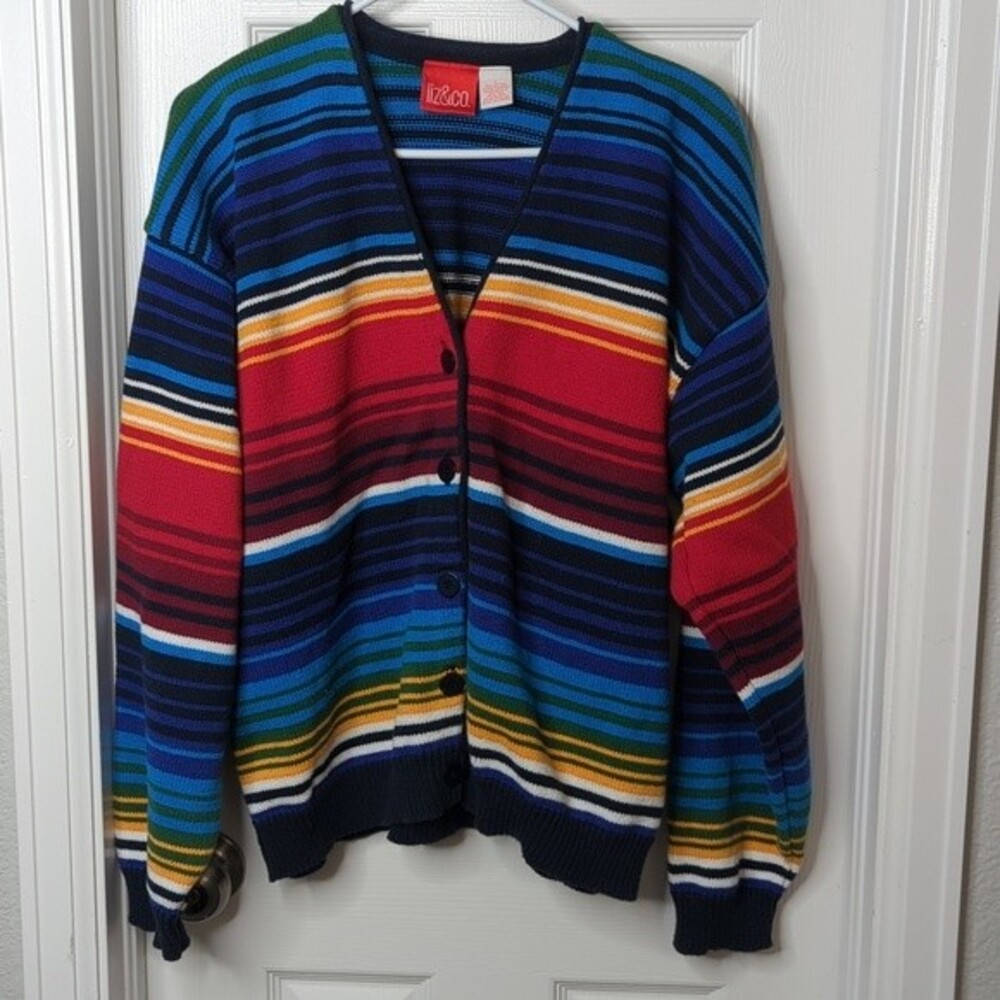 Vintage Liz & Co Striped Rainbow Button Down Cardigan Sweater Size L